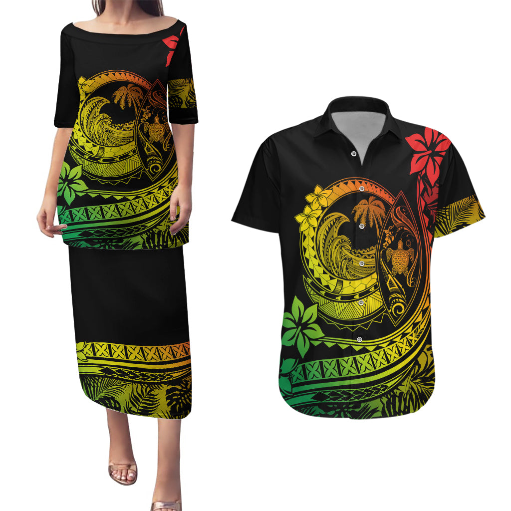 Polynesian Plumeria Couples Matching Puletasi Dress and Hawaiian Shirt Ride The Waves - Reggae LT7 Reggae - Polynesian Pride