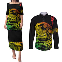 Polynesian Plumeria Couples Matching Puletasi Dress and Long Sleeve Button Shirts Ride The Waves - Reggae LT7 Reggae - Polynesian Pride