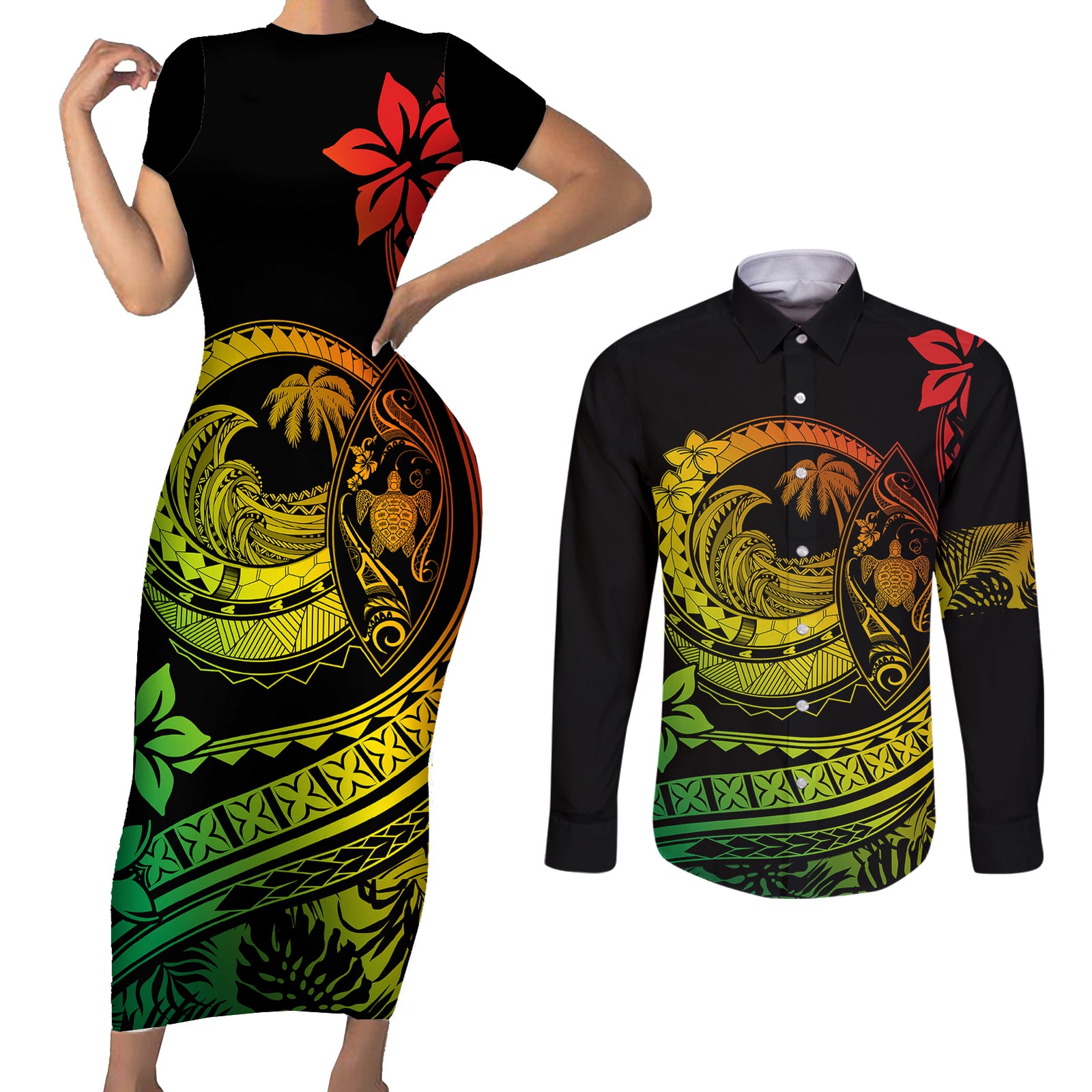 Polynesian Plumeria Couples Matching Short Sleeve Bodycon Dress and Long Sleeve Button Shirts Ride The Waves - Reggae LT7 Reggae - Polynesian Pride