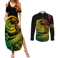 Polynesian Plumeria Couples Matching Summer Maxi Dress and Long Sleeve Button Shirts Ride The Waves - Reggae LT7 Reggae - Polynesian Pride