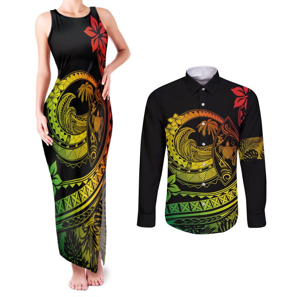Polynesian Plumeria Couples Matching Tank Maxi Dress and Long Sleeve Button Shirts Ride The Waves - Reggae LT7 Reggae - Polynesian Pride