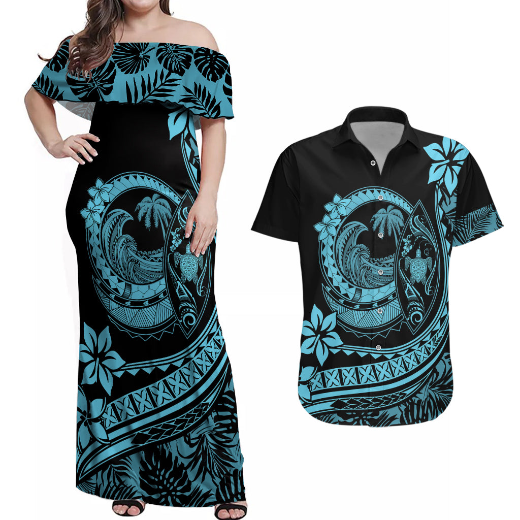 Polynesian Plumeria Couples Matching Off Shoulder Maxi Dress and Hawaiian Shirt Ride The Waves - Turquoise LT7 Turquoise - Polynesian Pride