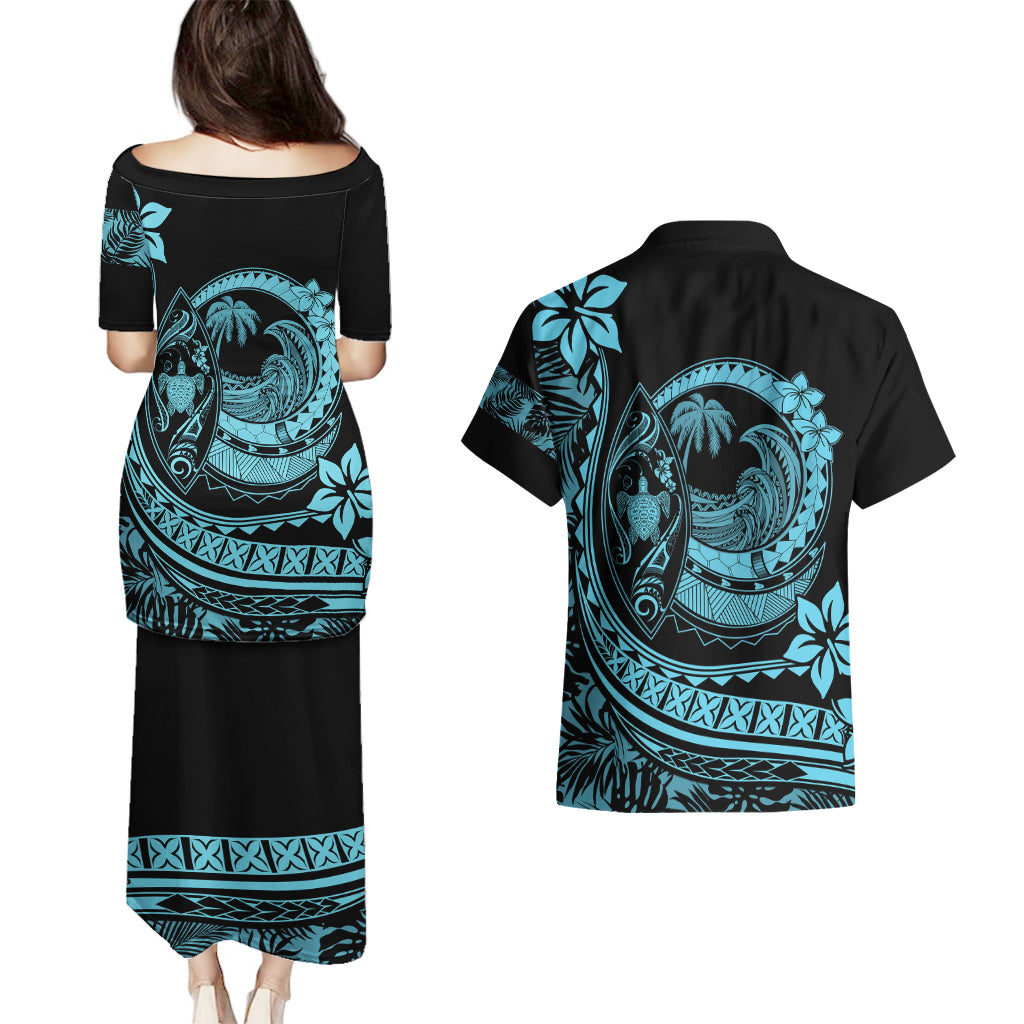 Polynesian Plumeria Couples Matching Puletasi Dress and Hawaiian Shirt Ride The Waves - Turquoise LT7 - Polynesian Pride