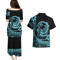 Polynesian Plumeria Couples Matching Puletasi Dress and Hawaiian Shirt Ride The Waves - Turquoise LT7 - Polynesian Pride