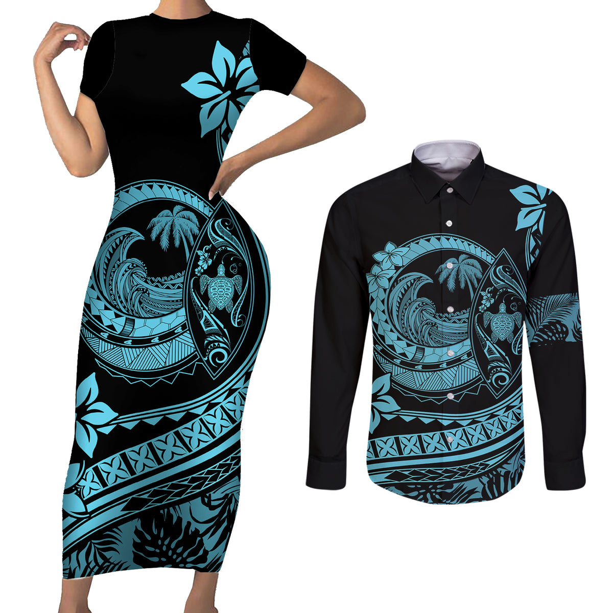 Polynesian Plumeria Couples Matching Short Sleeve Bodycon Dress and Long Sleeve Button Shirts Ride The Waves - Turquoise LT7 Turquoise - Polynesian Pride