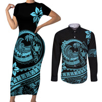 Polynesian Plumeria Couples Matching Short Sleeve Bodycon Dress and Long Sleeve Button Shirts Ride The Waves - Turquoise LT7 Turquoise - Polynesian Pride