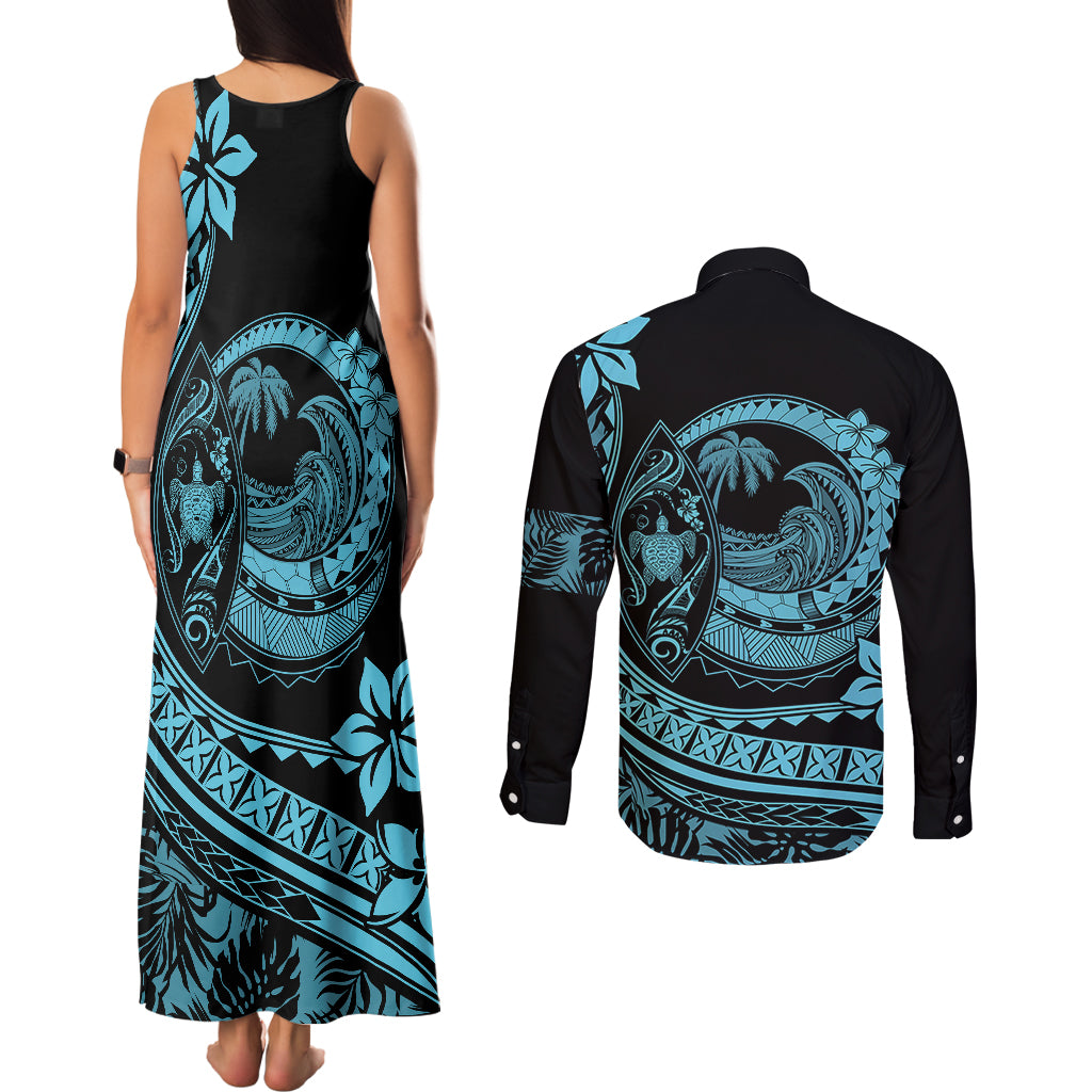 Polynesian Plumeria Couples Matching Tank Maxi Dress and Long Sleeve Button Shirts Ride The Waves - Turquoise LT7 - Polynesian Pride