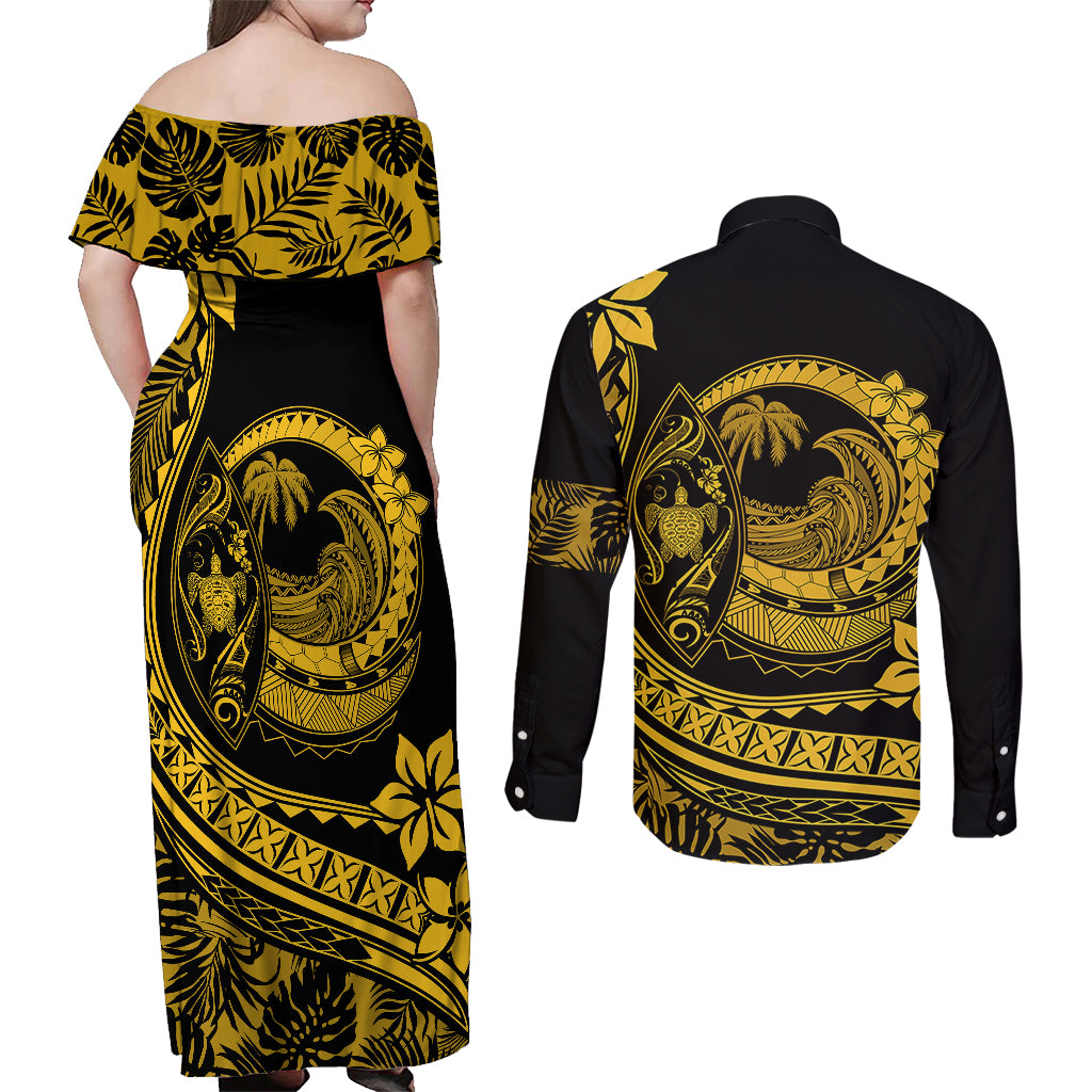 Polynesian Plumeria Couples Matching Off Shoulder Maxi Dress and Long Sleeve Button Shirts Ride The Waves - Yellow LT7 - Polynesian Pride