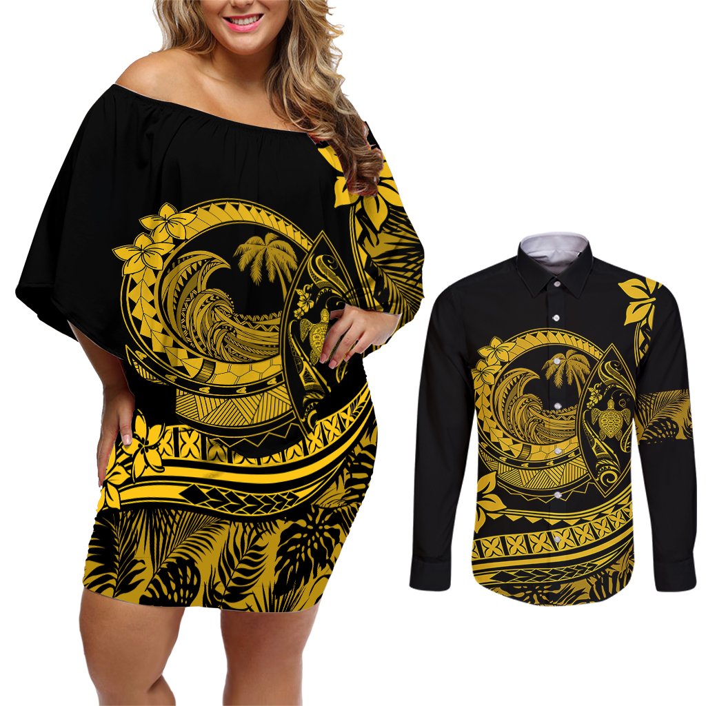 Polynesian Plumeria Couples Matching Off Shoulder Short Dress and Long Sleeve Button Shirts Ride The Waves - Yellow LT7 Yellow - Polynesian Pride