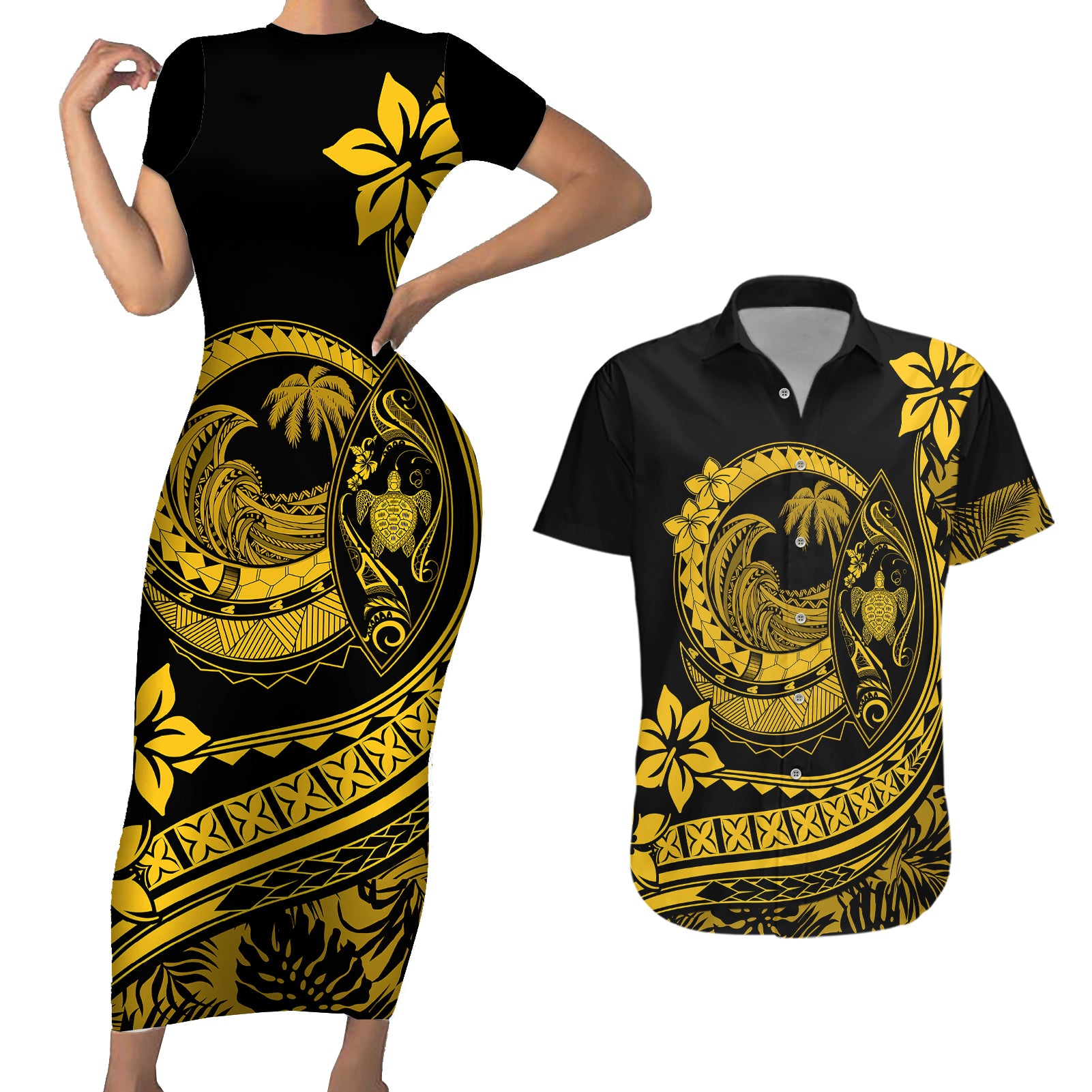 Polynesian Plumeria Couples Matching Short Sleeve Bodycon Dress and Hawaiian Shirt Ride The Waves - Yellow LT7 Yellow - Polynesian Pride