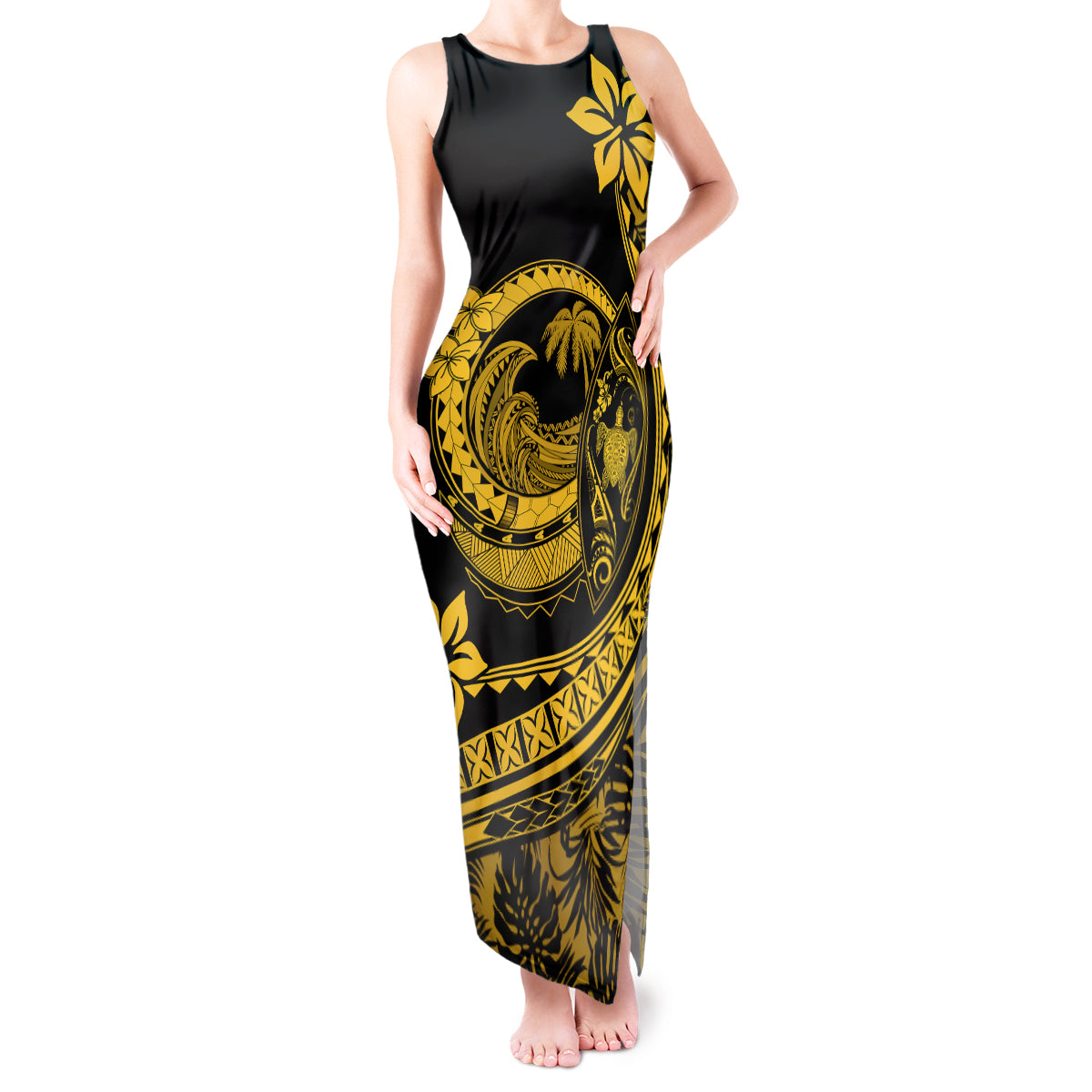 Polynesian Plumeria Tank Maxi Dress Ride The Waves - Yellow LT7 Women Yellow - Polynesian Pride