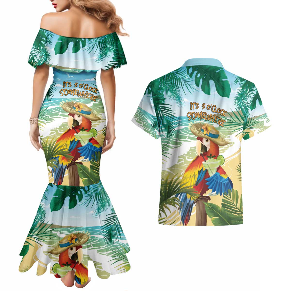 Aloha Hawaii It's 5 o'clock Somewhere Couples Matching Mermaid Dress and Hawaiian Shirt - Polynesian Pride