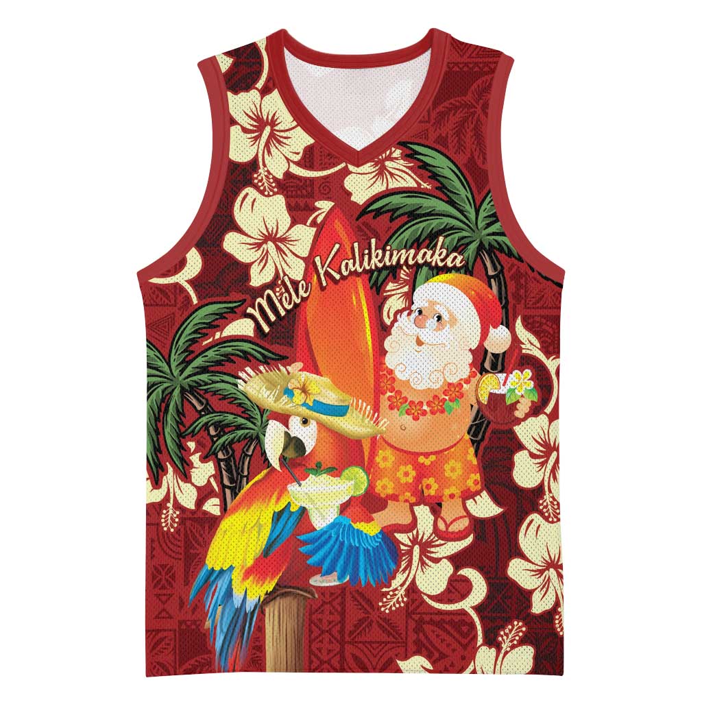 Crimson Red Tropical Christmas Hawaii Tapa Basketball Jersey Aloha Santa Drink Party - Polynesian Pride