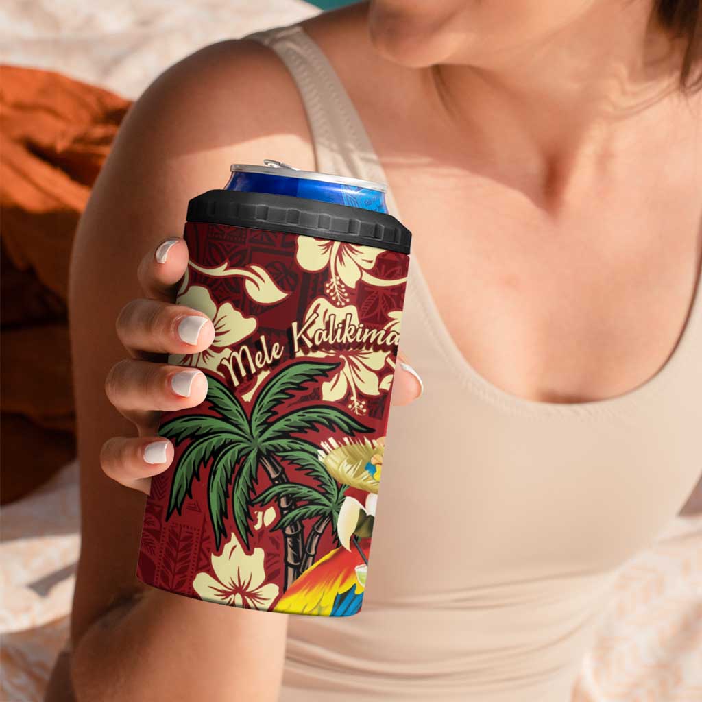 Crimson Red Tropical Christmas Hawaii Tapa 4 in 1 Can Cooler Tumbler Aloha Santa Drink Party - Polynesian Pride