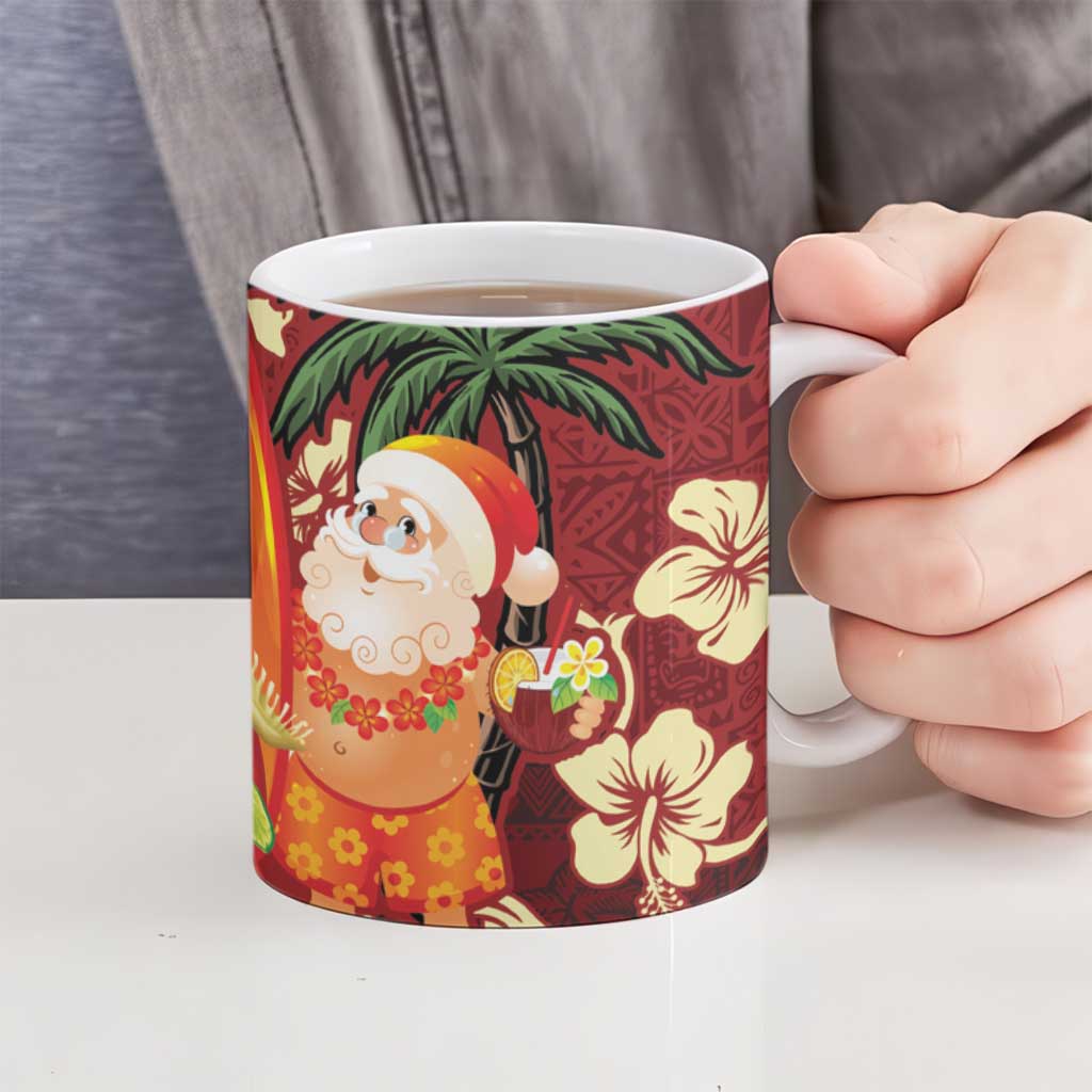 Crimson Red Tropical Christmas Hawaii Tapa Ceramic Mug Aloha Santa Drink Party - Polynesian Pride