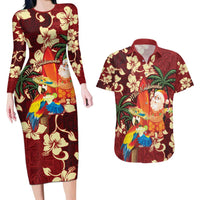 Crimson Red Tropical Christmas Hawaii Tapa Couples Matching Long Sleeve Bodycon Dress and Hawaiian Shirt Aloha Santa Drink Party LT7 Red - Polynesian Pride