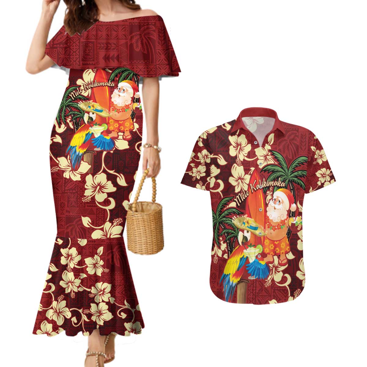 Crimson Red Tropical Christmas Hawaii Tapa Couples Matching Mermaid Dress and Hawaiian Shirt Aloha Santa Drink Party - Polynesian Pride