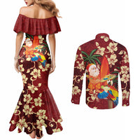 Crimson Red Tropical Christmas Hawaii Tapa Couples Matching Mermaid Dress and Long Sleeve Button Shirt Aloha Santa Drink Party LT7 - Polynesian Pride