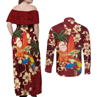 Crimson Red Tropical Christmas Hawaii Tapa Couples Matching Off Shoulder Maxi Dress and Long Sleeve Button Shirt Aloha Santa Drink Party LT7 - Polynesian Pride