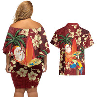 Crimson Red Tropical Christmas Hawaii Tapa Couples Matching Off Shoulder Short Dress and Hawaiian Shirt Aloha Santa Drink Party LT7 - Polynesian Pride