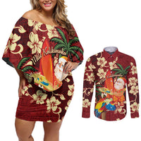 Crimson Red Tropical Christmas Hawaii Tapa Couples Matching Off Shoulder Short Dress and Long Sleeve Button Shirt Aloha Santa Drink Party LT7 Red - Polynesian Pride