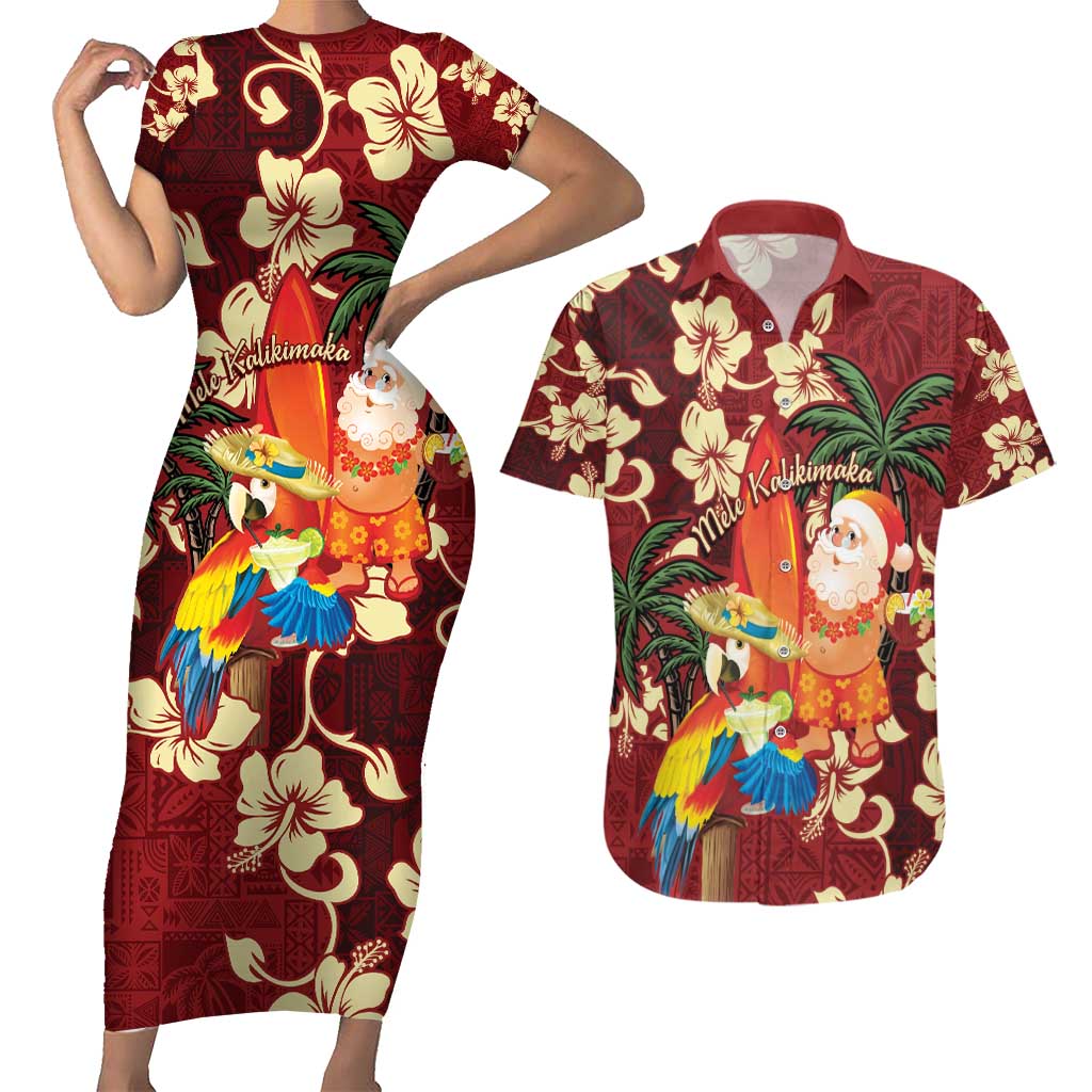 Crimson Red Tropical Christmas Hawaii Tapa Couples Matching Short Sleeve Bodycon Dress and Hawaiian Shirt Aloha Santa Drink Party - Polynesian Pride