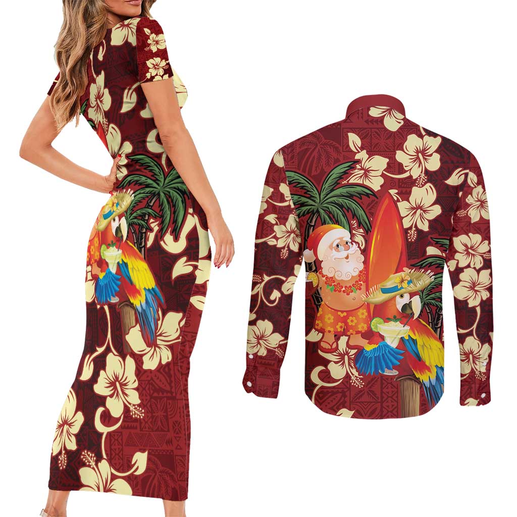 Crimson Red Tropical Christmas Hawaii Tapa Couples Matching Short Sleeve Bodycon Dress and Long Sleeve Button Shirt Aloha Santa Drink Party LT7 - Polynesian Pride