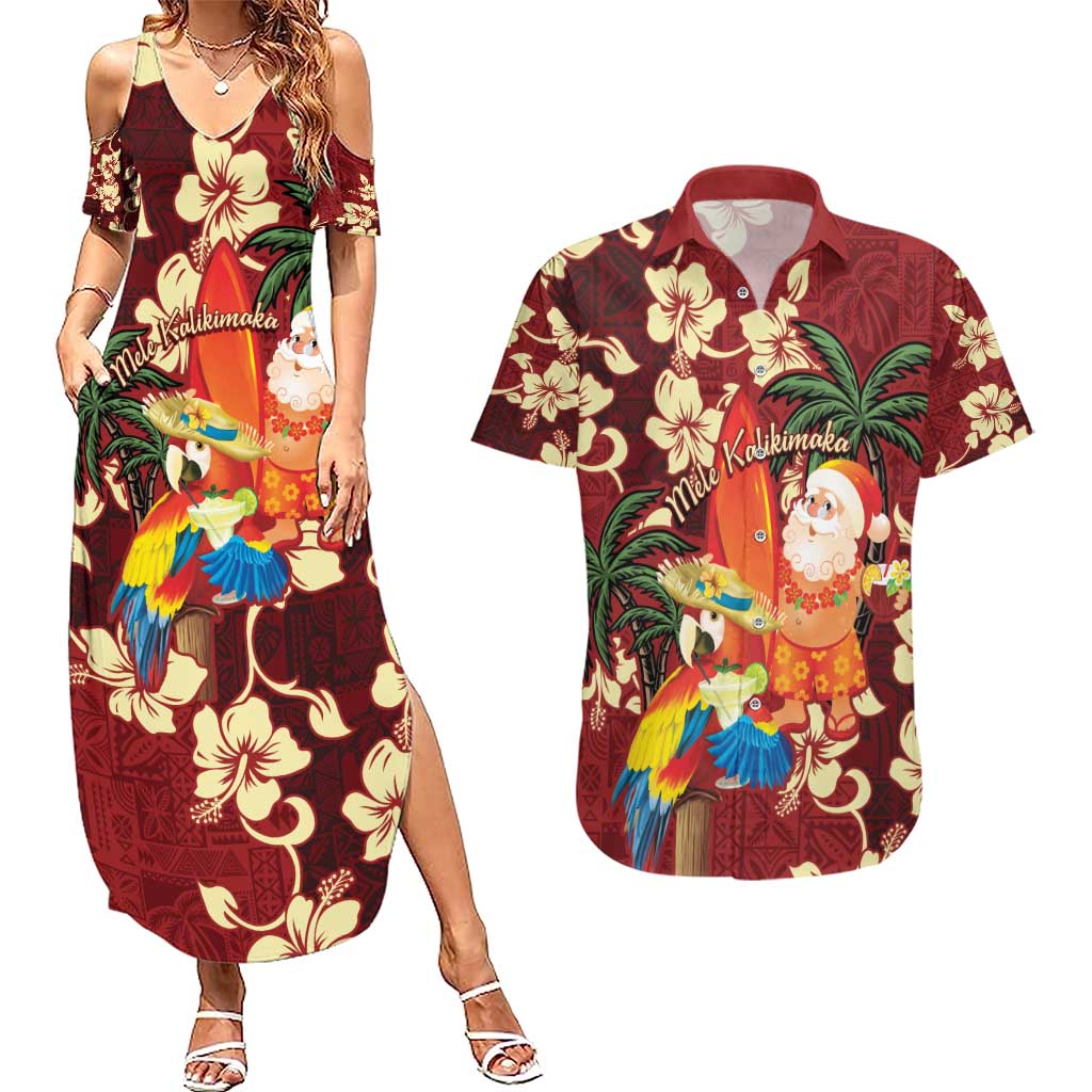 Crimson Red Tropical Christmas Hawaii Tapa Couples Matching Summer Maxi Dress and Hawaiian Shirt Aloha Santa Drink Party - Polynesian Pride