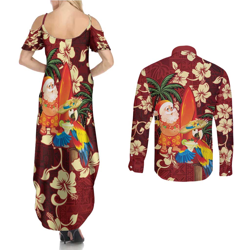 Crimson Red Tropical Christmas Hawaii Tapa Couples Matching Summer Maxi Dress and Long Sleeve Button Shirt Aloha Santa Drink Party LT7 - Polynesian Pride
