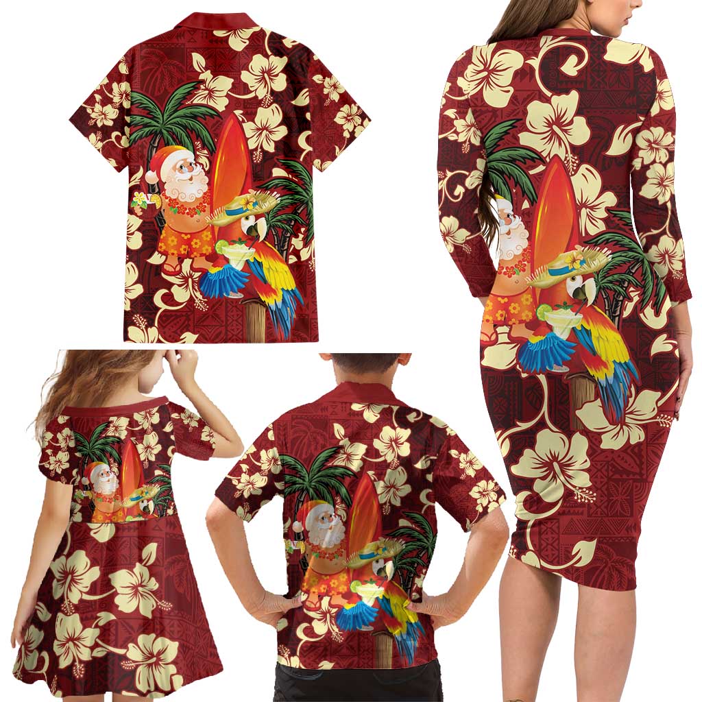 Crimson Red Tropical Christmas Hawaii Tapa Family Matching Long Sleeve Bodycon Dress and Hawaiian Shirt Aloha Santa Drink Party LT7 - Polynesian Pride