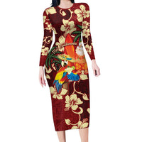Crimson Red Tropical Christmas Hawaii Tapa Family Matching Long Sleeve Bodycon Dress and Hawaiian Shirt Aloha Santa Drink Party LT7 Mom's Dress Red - Polynesian Pride