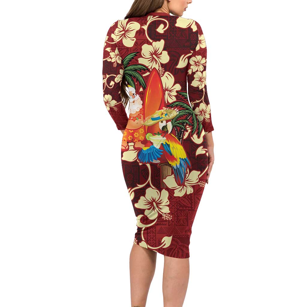 Crimson Red Tropical Christmas Hawaii Tapa Family Matching Long Sleeve Bodycon Dress and Hawaiian Shirt Aloha Santa Drink Party LT7 - Polynesian Pride