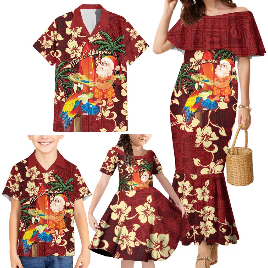 Crimson Red Tropical Christmas Hawaii Tapa Family Matching Mermaid Dress and Hawaiian Shirt Aloha Santa Drink Party LT7 - Polynesian Pride