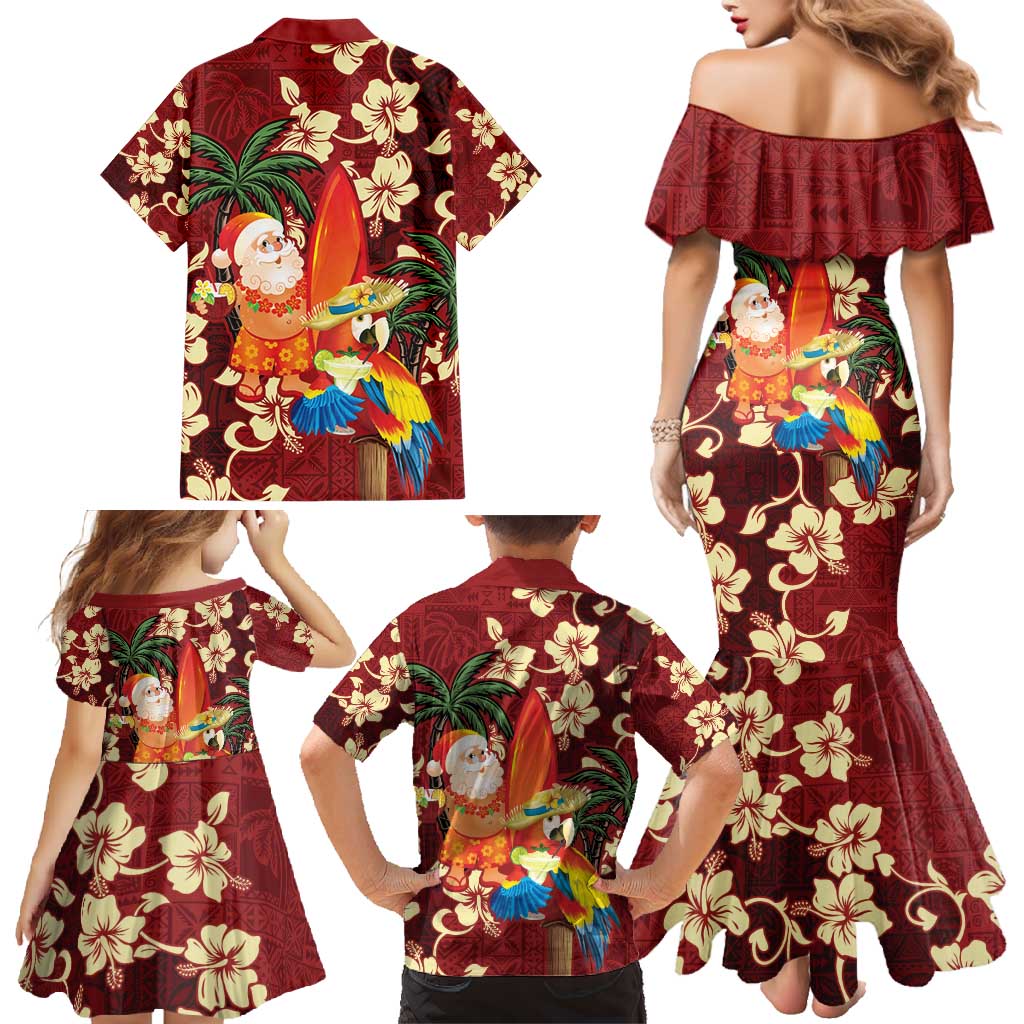 Crimson Red Tropical Christmas Hawaii Tapa Family Matching Mermaid Dress and Hawaiian Shirt Aloha Santa Drink Party LT7 - Polynesian Pride