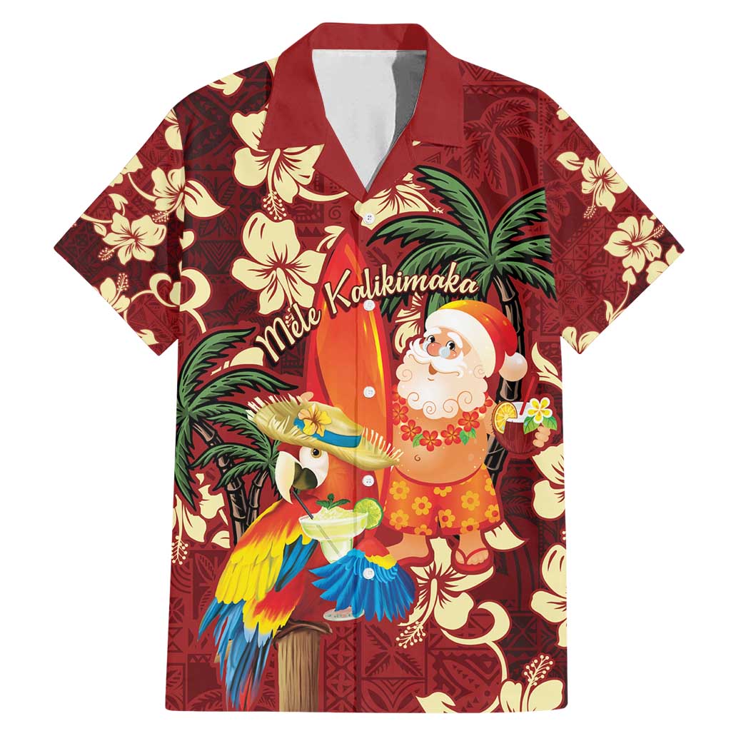 Crimson Red Tropical Christmas Hawaii Tapa Family Matching Mermaid Dress and Hawaiian Shirt Aloha Santa Drink Party LT7 Dad's Shirt - Short Sleeve Red - Polynesian Pride