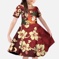 Crimson Red Tropical Christmas Hawaii Tapa Family Matching Off The Shoulder Long Sleeve Dress and Hawaiian Shirt Aloha Santa Drink Party - Polynesian Pride