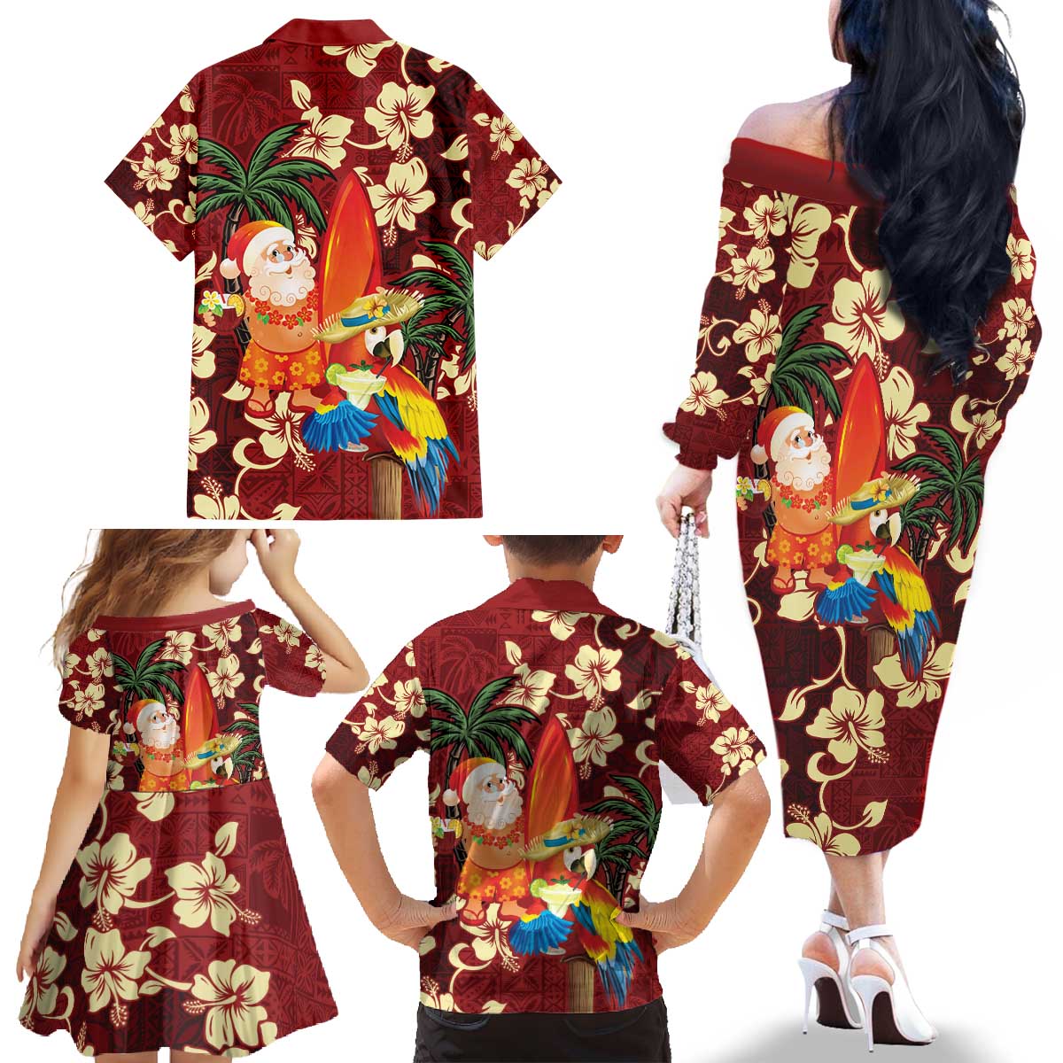 Crimson Red Tropical Christmas Hawaii Tapa Family Matching Off The Shoulder Long Sleeve Dress and Hawaiian Shirt Aloha Santa Drink Party - Polynesian Pride