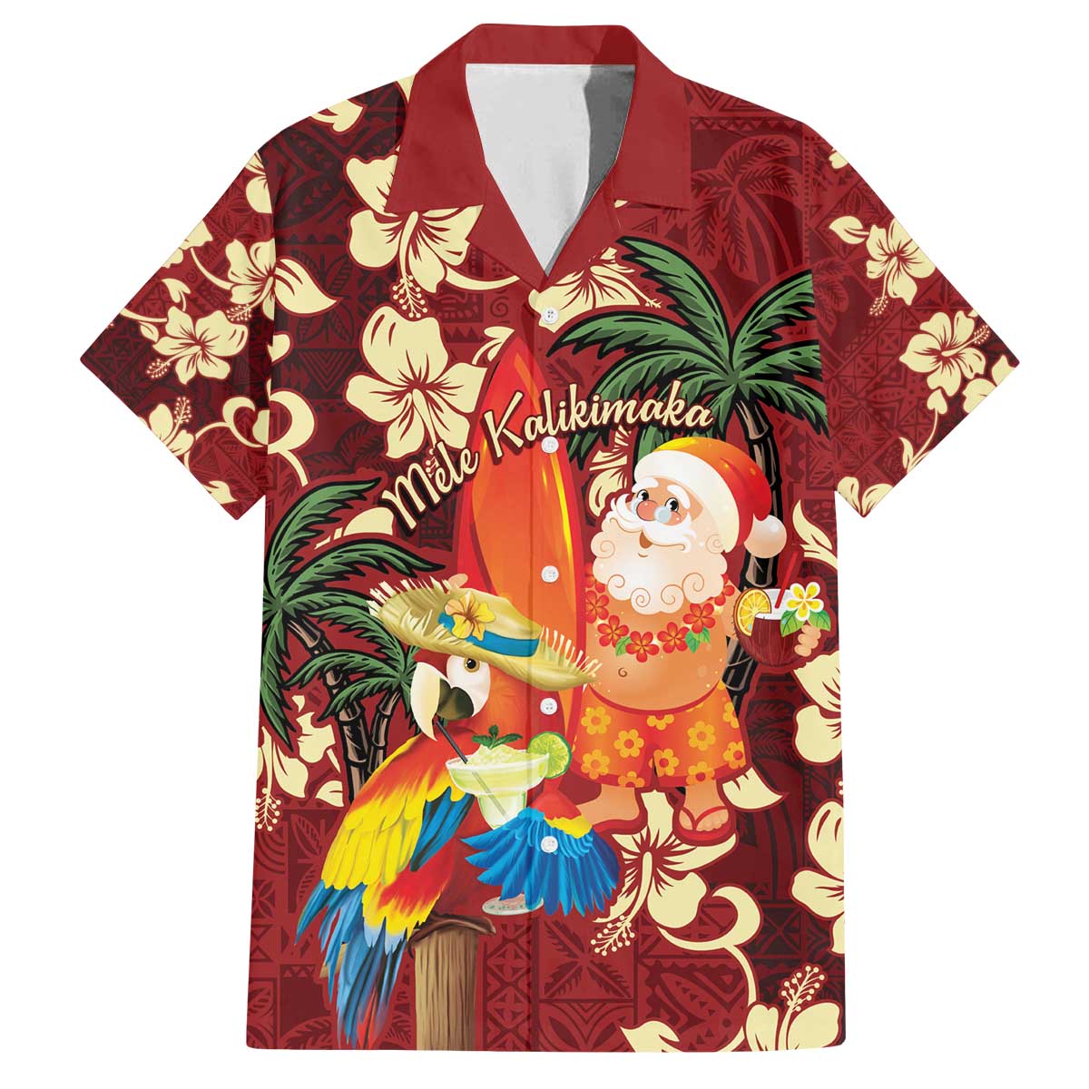 Crimson Red Tropical Christmas Hawaii Tapa Family Matching Off The Shoulder Long Sleeve Dress and Hawaiian Shirt Aloha Santa Drink Party - Polynesian Pride