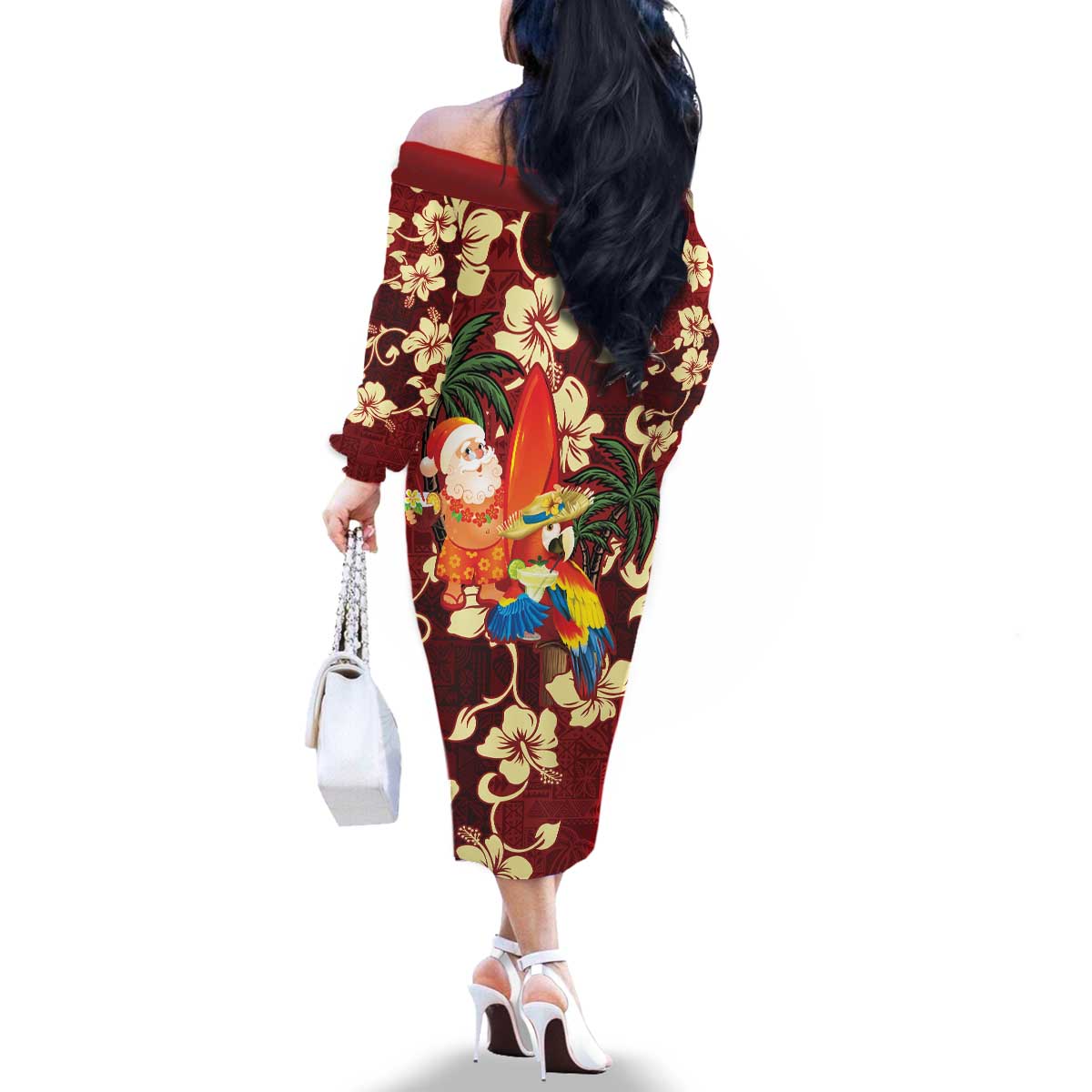 Crimson Red Tropical Christmas Hawaii Tapa Family Matching Off The Shoulder Long Sleeve Dress and Hawaiian Shirt Aloha Santa Drink Party - Polynesian Pride