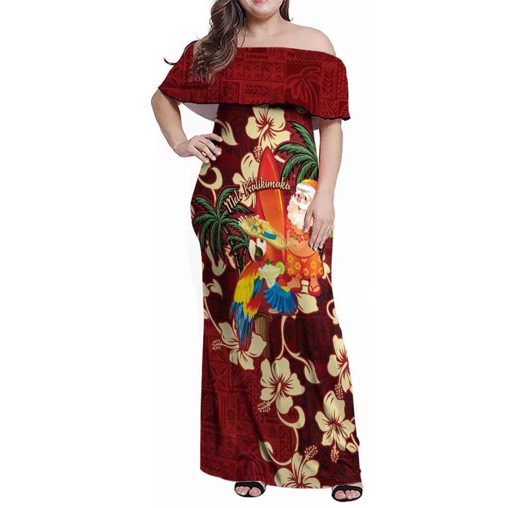 Crimson Red Tropical Christmas Hawaii Tapa Family Matching Off Shoulder Maxi Dress and Hawaiian Shirt Aloha Santa Drink Party - Polynesian Pride