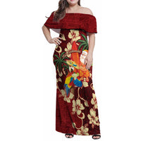 Crimson Red Tropical Christmas Hawaii Tapa Family Matching Off Shoulder Maxi Dress and Hawaiian Shirt Aloha Santa Drink Party - Polynesian Pride