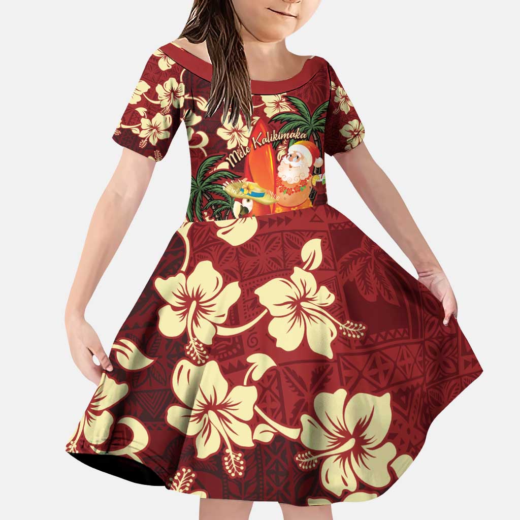 Crimson Red Tropical Christmas Hawaii Tapa Family Matching Puletasi and Hawaiian Shirt Aloha Santa Drink Party LT7 Daughter's Dress Red - Polynesian Pride