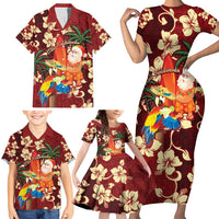 Crimson Red Tropical Christmas Hawaii Tapa Family Matching Short Sleeve Bodycon Dress and Hawaiian Shirt Aloha Santa Drink Party LT7 - Polynesian Pride