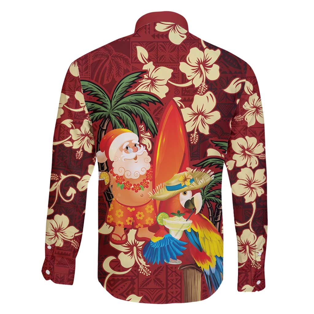 Crimson Red Tropical Christmas Hawaii Tapa Family Matching Short Sleeve Bodycon Dress and Hawaiian Shirt Aloha Santa Drink Party LT7 - Polynesian Pride