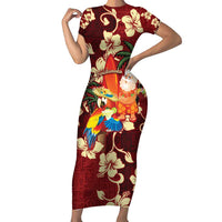 Crimson Red Tropical Christmas Hawaii Tapa Family Matching Short Sleeve Bodycon Dress and Hawaiian Shirt Aloha Santa Drink Party LT7 Mom's Dress Red - Polynesian Pride