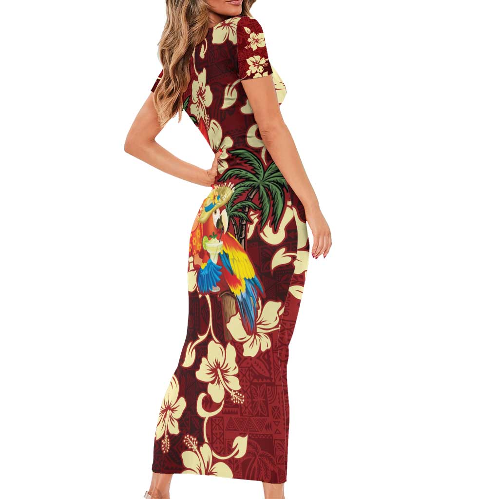 Crimson Red Tropical Christmas Hawaii Tapa Family Matching Short Sleeve Bodycon Dress and Hawaiian Shirt Aloha Santa Drink Party LT7 - Polynesian Pride