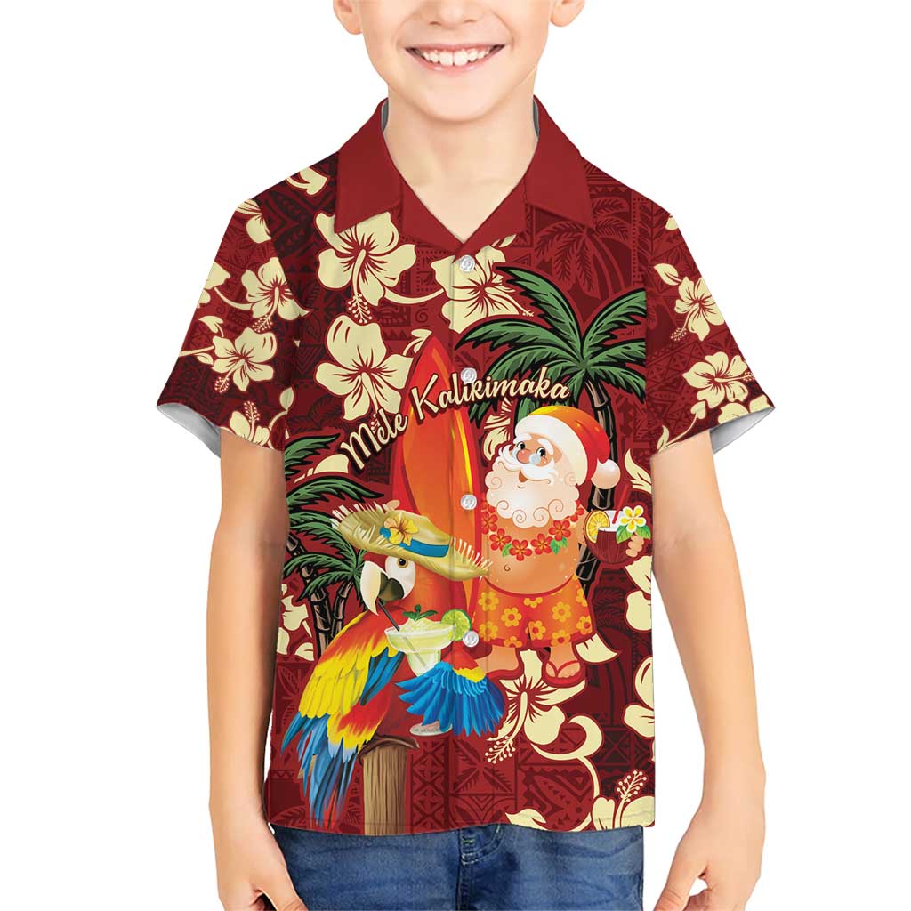 Crimson Red Tropical Christmas Hawaii Tapa Family Matching Short Sleeve Bodycon Dress and Hawaiian Shirt Aloha Santa Drink Party LT7 Son's Shirt Red - Polynesian Pride