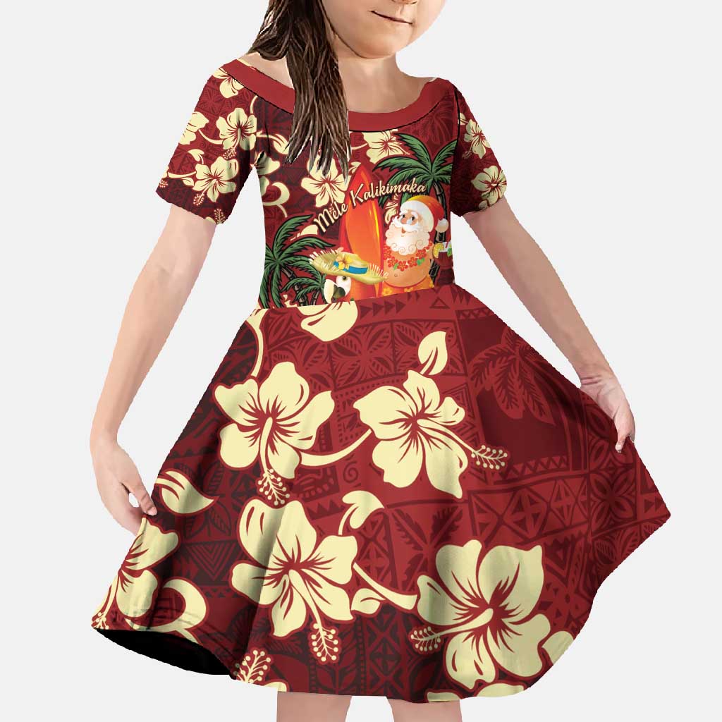 Crimson Red Tropical Christmas Hawaii Tapa Family Matching Summer Maxi Dress and Hawaiian Shirt Aloha Santa Drink Party LT7 Daughter's Dress Red - Polynesian Pride