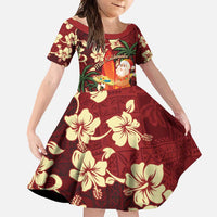 Crimson Red Tropical Christmas Hawaii Tapa Family Matching Summer Maxi Dress and Hawaiian Shirt Aloha Santa Drink Party LT7 Daughter's Dress Red - Polynesian Pride