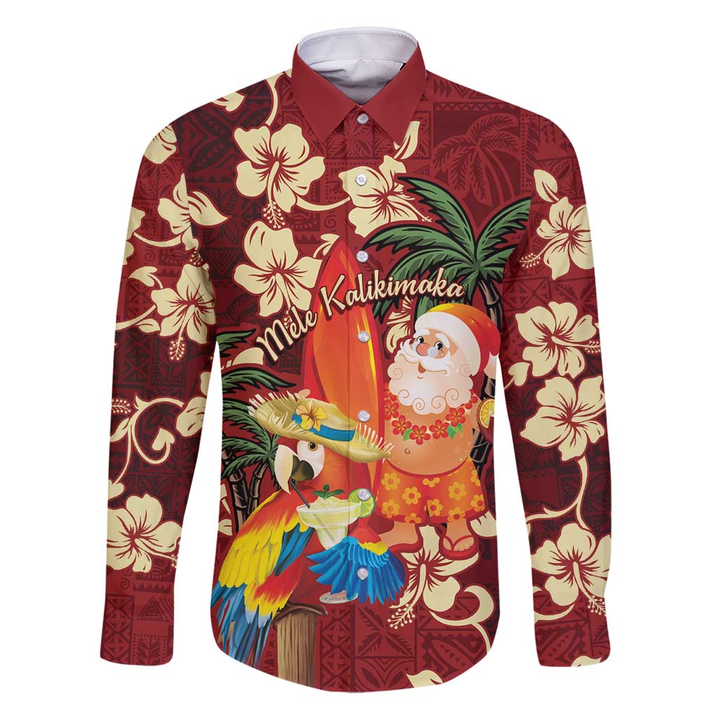 Crimson Red Tropical Christmas Hawaii Tapa Family Matching Summer Maxi Dress and Hawaiian Shirt Aloha Santa Drink Party LT7 Dad's Shirt - Long Sleeve Red - Polynesian Pride